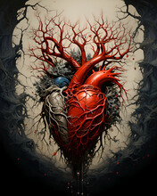 Digital Illustration Of A Human Heart With Veins And Blood Vessels In Black Background