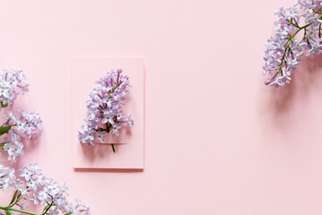 Canvas Print - Flowers composition of lilac flowers on a soft pink background. Mothers day, womens day concept. Flat lay, top view.