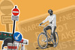 Happy African American man in sunglasses riding a bicycle. Road sign with the inscription except cycles on his way. Creative design. Art collage