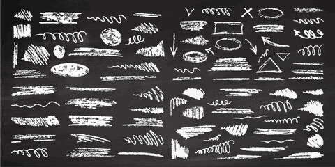Hand-drawn underlining elements, brush with crayon effect, chalk texture on chalkboard background. Chalk stroke. Vector illustration in children's style. Crayon brush white underline.
