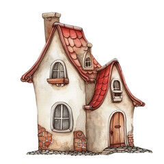 Watercolor illustration of red cute quirky house isolated on background, PNG transparent background