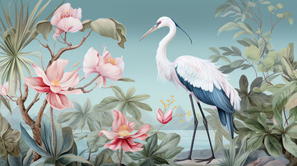  Botanical chinoiserie background with crane bird. AI generated image.