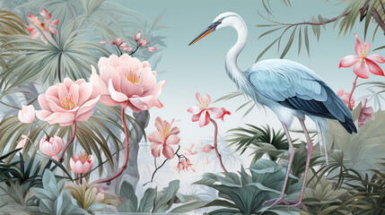 Naklejka na meble Botanical chinoiserie background with crane bird. AI generated image.