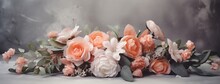 Beautiful Wedding Panoramic Banner. A Pink And Orange Bride's Bouquet With Green Leaves Lying On A White Fluffy Ground