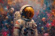 An illustration of an astronaut exploring space: roaming the universe surrounded by stars, planets and the wonders of space.