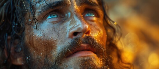 Wall Mural - Biblical character. Emotional close-up portrait of a man with a beard and long hair looking up.