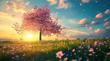 Poster - Pink cherry tree blossom flowers blooming in a green grass meadow on a spring Easter sunrise background