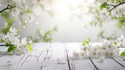 Wall Mural - Spring background with white blossoms and white wooden table. Spring apple garden on the background