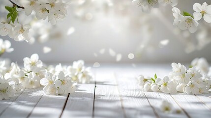 Wall Mural - Spring background with white blossoms and white wooden table flooring