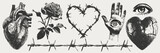 Fototapeta  - Elements with a retro photocopy effect. Gothic valentine's day concept. Broken heart, barbed wire and other trendy Y2K elements.  Grain effect and stippling. Vector dots texture.	