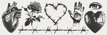Elements With A Retro Photocopy Effect. Gothic Valentine's Day Concept. Broken Heart, Barbed Wire And Other Trendy Y2K Elements.  Grain Effect And Stippling. Vector Dots Texture.	