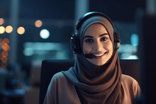 Arab Call Center Agent Working In A Professional Setting. She Is Wearing A Headset And Sitting At Her Workstation, Ready To Answer Calls And Assist Customers With Their Inquiries.