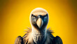 A close-up frontal view of a vulture on a yellow background