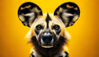 A close-up frontal view of a African wild dog, also known as a painted wolf or lycaon on a yellow background