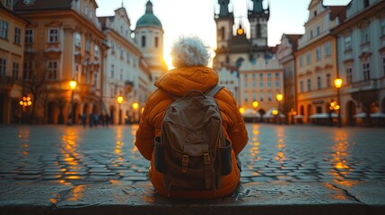 Elderly female traveler with a backpack sits on a bench, marveling at the city's landmarks. Exploration, adventure, and sightseeing in a cityscape