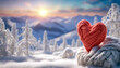 Ein rotes Herz aus Wolle und ein weißes Wollknäul liegen im Schnee. Sonnenschein über den verschneiten Bergen.
