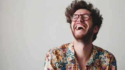 Wall Mural - Very happy laughing man with glasses in front of white background with copy space