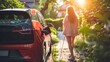 Young woman travel with EV electric car charging in green sustainable city outdoor garden in summer. Urban sustainability lifestyle 