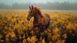 brown horse galloping. brown horse standing in a yellow grass on field.