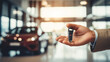 male hand holding and showing smart car key on blurred car showroom background.copy space