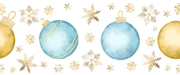 Seamless watercolor gold Christmas ornaments ball border, ribbon design with snowflakes