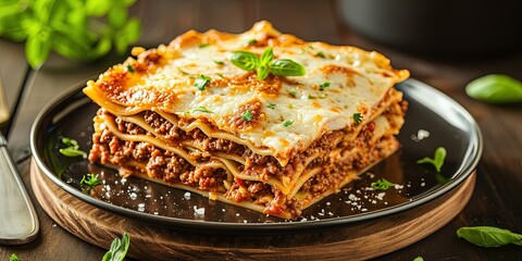 Wall Mural - Traditional freshly prepared lasagna with bolognese sauce, Italian cuisine, delicious dinner, bechamel sauce, pasta, wallpaper, background.