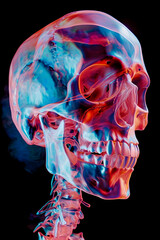 Wall Mural - Head skull  and skeletal system in anatomical model in neon colors isolated on dark background