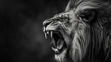 A Fierce And Majestic Mammal, The Lion Roars With Its Mouth Open, Showcasing Its Powerful Fangs And Wrinkled Snout In The Monochrome Wilderness