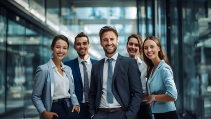 Wall Mural - Amid the office vibes, a group of businesspeople and their team exude positive body language. Generative AI.