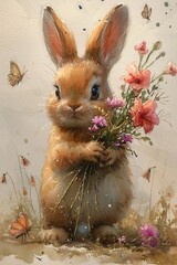 Wall Mural - Bunny with a Bouquet: A Cute and Colorful Easter Artwork Generative AI