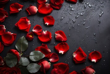 Wall Mural - roses on a dark dark grey table view love with petals valentine's day image. copy space