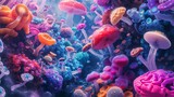 Fototapeta Do akwarium - Vibrant cnidarians float gracefully amidst the colorful stony coral in an underwater paradise, adding life and beauty to any marine aquarium