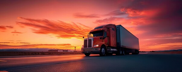 Wall Mural - Semi truck in full motion transporting goods along highway. Picture of truck vital cog in wheel of commerce and logistics. Inclusion of sunset and sky dimension of time and natural beauty