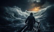Man Courageously Battling The Raging Waves On A Stormy Sea
