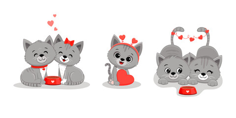 Wall Mural - Set of cute cartoon kittens on white background.Valentine's day card.Grey Cat with heart.Cute valentine cats couple with heart