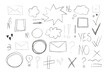 Vector set with hand-drawn graphics elements. Circles, squares, tags and points, clouds, and nota bene signs. Variety of simple sketched elements.