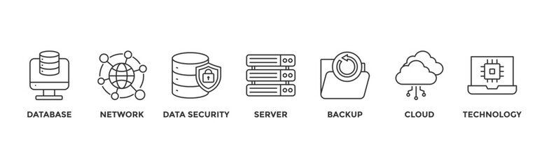 Data center banner web icon with icon of database, network, data security, server, backup, cloud and technology	