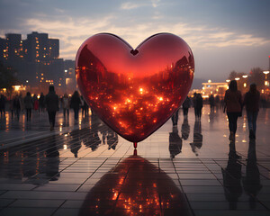 Wall Mural - Red heart on the background of the city at sunset. Love concept