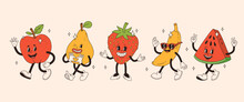 Retro Groovy Fruit Characters. Funky Cartoon Mascot Of Apple Pear Strawberry Banana Watermelon With Happy Smile Face, Hands And Feet. Vintage Summer Vector Illustration. Fruits Juicy Sticker Pack.