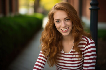 Portrait of a smiling young woman with long curly red hair, wearing a white and red striped shirt, outdoor blurred background.