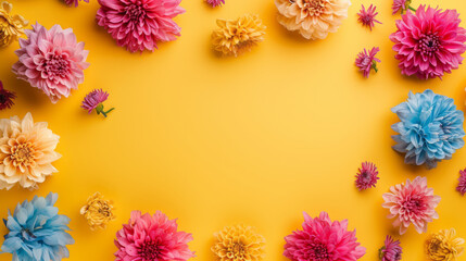 Wall Mural - Flat lay top view frame of multicolour flowers, isolated on a yellow background for Valentine's Day, International Women's Day, Mother's Day card or background, or a wedding invitation