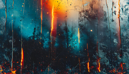 Wall Mural - Abstract background of dark blue, orange, and yellow colors with streaks of light shining through the textured surface.