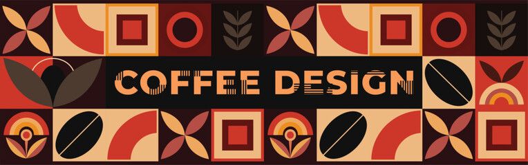 Wall Mural - Geometric pattern coffee design. Horizontal banner template coffee tones geometric shapes of coffee grains. Vector file design elements.