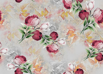 Wall Mural - seamless classic pattern with watercolor flowers and leaves. botanical watercolor illustration and background