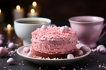 Wall Mural - Delicious birthday cake with cup of coffee on table. Close up View
