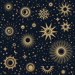 Wall Mural - Vector magic seamless pattern with gold sun moon and stars