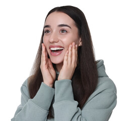 Wall Mural - Portrait of happy surprised woman on white background