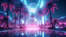 3d Render Party Party Three Palm Trees Shiny Cyberpunk