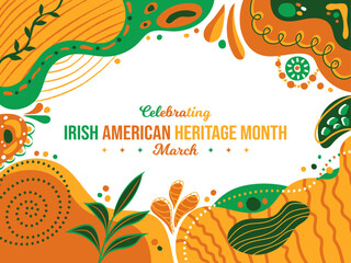 Wall Mural - Irish American Heritage Month Memphis concept Background. Irish Immigrants March Awareness Celebration. Horizontal banner vector illustration. Website header, social media post, promotion graphic art