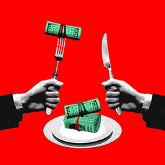 Promotional imagery for investment firms focusing on aggressive growth. Contemporary art. Two hands, one with fork and money, other with knife. Concept of financial literacy, economic, business, money